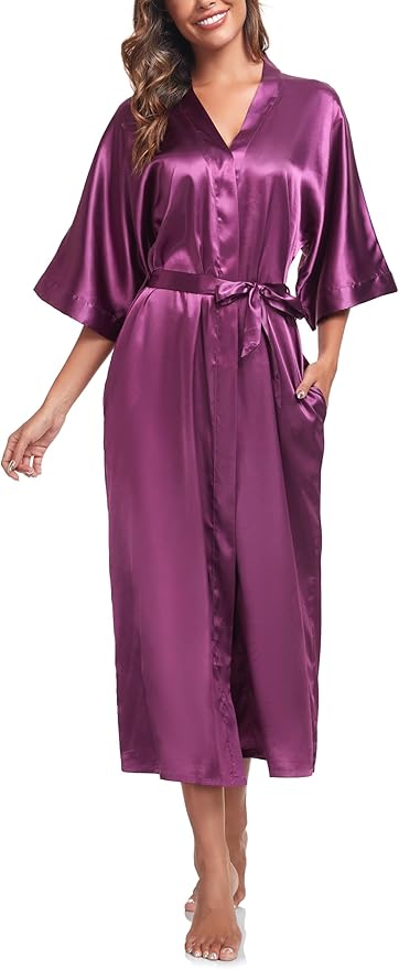Womens Long Silky Robe Satin Kimono Robes Silk Bathrobe for Wedding Party Full Length Dressing Gown