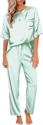 Ekouaer Womens Satin Silky Pajama Set Short Sleeve Shirt with Long Pajama Pant Set Soft PJ Loungewear