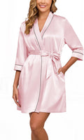 Veseacky Women's Satin Robe Knee Length V Neck Lightweight Silky Bathrobe Casual Loungewear Sleepwear with Waist Tie