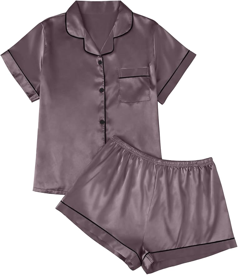 LILLUSORY Silk Satin Pajama Set for Women 2 Piece Lounge Pjs Winter Matching Summer Sleepwear Button Down Shirt Shorts