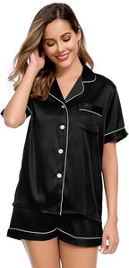 LecGee Womens Silk Satin Pajamas Short Sleeve Loungewear Two-Piece Sleepwear Button-Down Pj Set