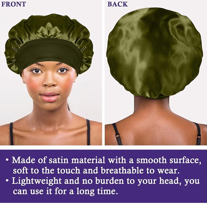 4Pcs Satin Bonnet Silk Bonnet, Hair Bonnet for Sleeping, Elastic Wide Band Silk Sleep Cap, Shower Cap Soft and Breathable (Green Series)