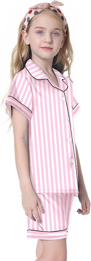 Umeyda Women & Girls Pajamas Set, Soft Satin Lightweight Silk Button-Down Top with Shorts 2 Piece PJS for Mom Boys Kids Gifts