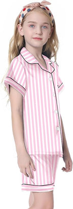 Umeyda Women & Girls Pajamas Set, Soft Satin Lightweight Silk Button-Down Top with Shorts 2 Piece PJS for Mom Boys Kids Gifts
