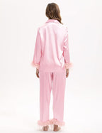 MORFORU Satin Pajama Set for Women Feather Trim Long Sleeve Pjs with Sleep Mask Headband Scrunchie Sleepwear Lounge Set