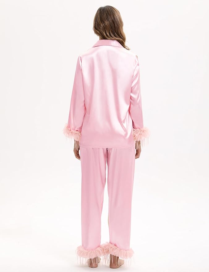 MORFORU Satin Pajama Set for Women Feather Trim Long Sleeve Pjs with Sleep Mask Headband Scrunchie Sleepwear Lounge Set