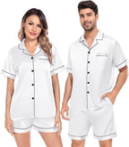 SWOMOG Satin Matching Pajamas Sets Couple Silk Button Down Nightwear Women & Men Short Sleeve Sleepwear 2 Pieces Loungewear