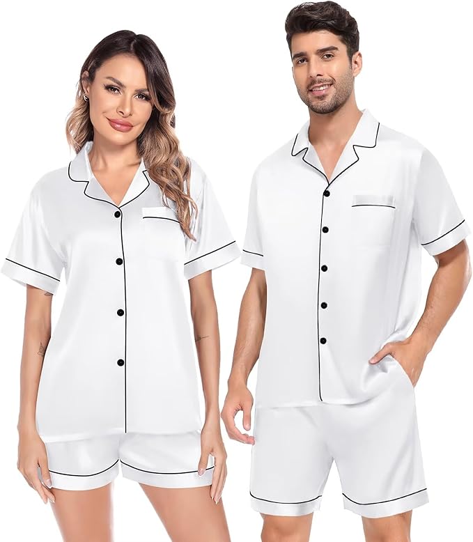 SWOMOG Satin Matching Pajamas Sets Couple Silk Button Down Nightwear Women & Men Short Sleeve Sleepwear 2 Pieces Loungewear