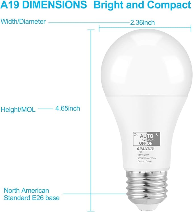 Qualilux Dusk to Dawn LED Light Bulbs Outdoor, Automatic On/Off, 60W Equivalent, Warm White 3000K, Energy Efficient 9.5W, 850 Lumen, A19, E26 Base, 2-Pack, HQ-H007