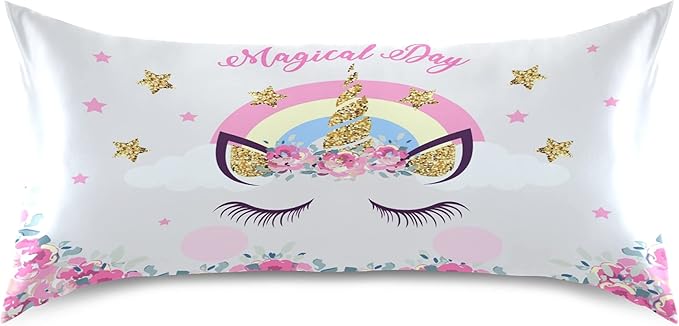 Cute Unicorn Girl Print Satin Pillowcase for Hair and Skin, Unicorn and Pink Flowers Silk Pillow Case with Envelope Closure, King Size 20x40 inches, White, 1 PC