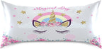 Cute Unicorn Girl Print Satin Pillowcase for Hair and Skin, Unicorn and Pink Flowers Silk Pillow Case with Envelope Closure, King Size 20x40 inches, White, 1 PC