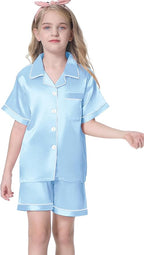 Umeyda Women & Girls Pajamas Set, Soft Satin Lightweight Silk Button-Down Top with Shorts 2 Piece PJS for Mom Boys Kids Gifts