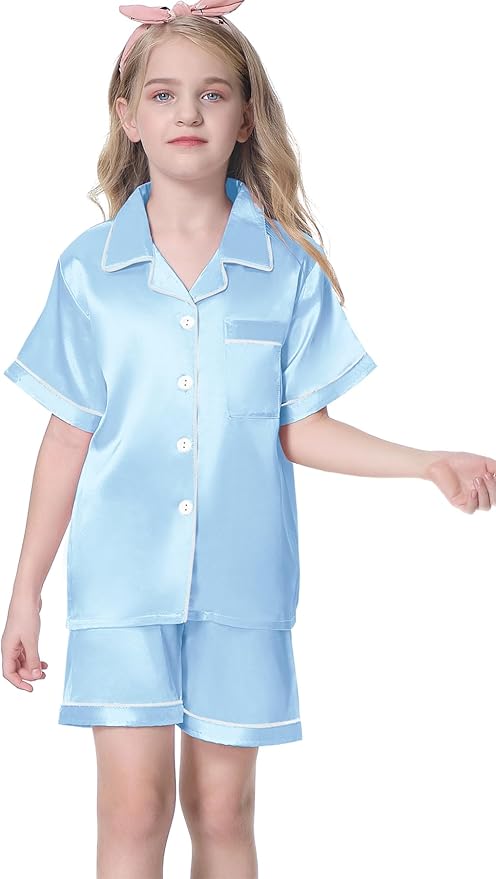 Umeyda Women & Girls Pajamas Set, Soft Satin Lightweight Silk Button-Down Top with Shorts 2 Piece PJS for Mom Boys Kids Gifts