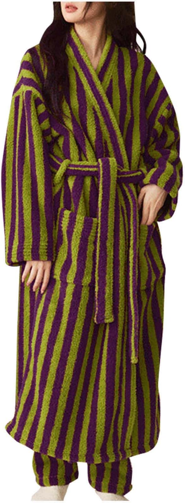 Oplxuo Women's Fuzzy Fleece Robe Long Striped Plush Bathrobe Warm Thick Fluffy Oversized Loungewear Maxi Robes with Pockets