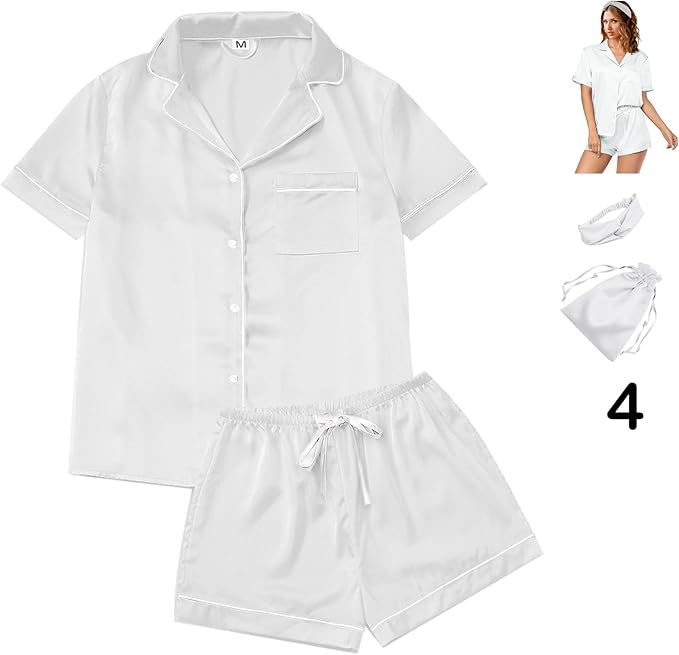 WJing Yi Jia 4Pcs Womens Satin Silky Pajama Sets Short Sleeve Shirt XS-4XL Floral Pajamas Set Soft PJ Loungewear Sleepwear