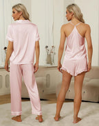 SAPJON Silk Pajamas for Women Set 4Pcs Ruffled Satin Pajamas Set Button Down Short Sleeve Cami Shorts Sleepwear Pj Set
