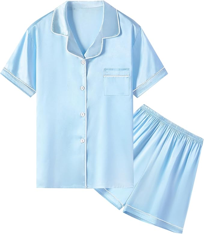 Umeyda Women & Girls Pajamas Set, Soft Satin Lightweight Silk Button-Down Top with Shorts 2 Piece PJS for Mom Boys Kids Gifts