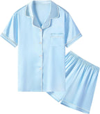 Umeyda Women & Girls Pajamas Set, Soft Satin Lightweight Silk Button-Down Top with Shorts 2 Piece PJS for Mom Boys Kids Gifts