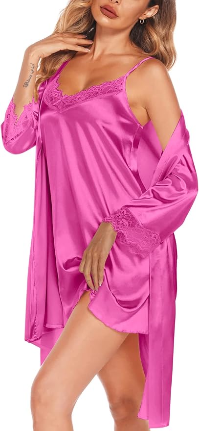 SWOMOG Women's Satin Robe Set 2 Piece Sexy Pajamas Sets Lace Cami Nightgown and Silk Robes Nightwear