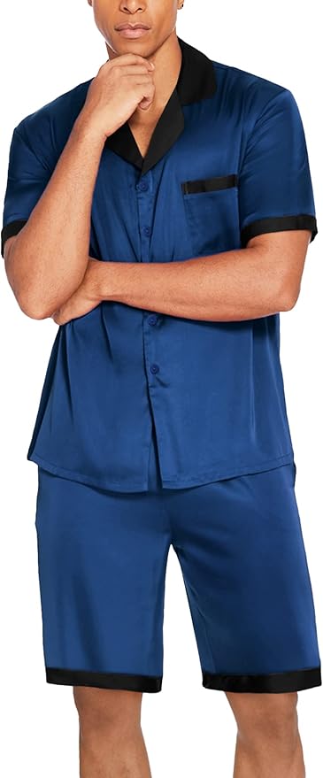 Ekouaer Men Satin Silk Pajamas Set with Pockets Sleepwear Shorts Satin Summer Loungewear 2 Piece Button Down Set S-3XL