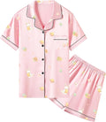 Umeyda Women & Girls Pajamas Set, Soft Satin Lightweight Silk Button-Down Top with Shorts 2 Piece PJS for Mom Boys Kids Gifts