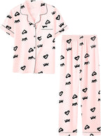 Umeyda Girls Womens Pajamas Set, Satin Silky Button Down Loungewear 2 Piece Short Sleeve Pants PJS Sets for Mommy Kids