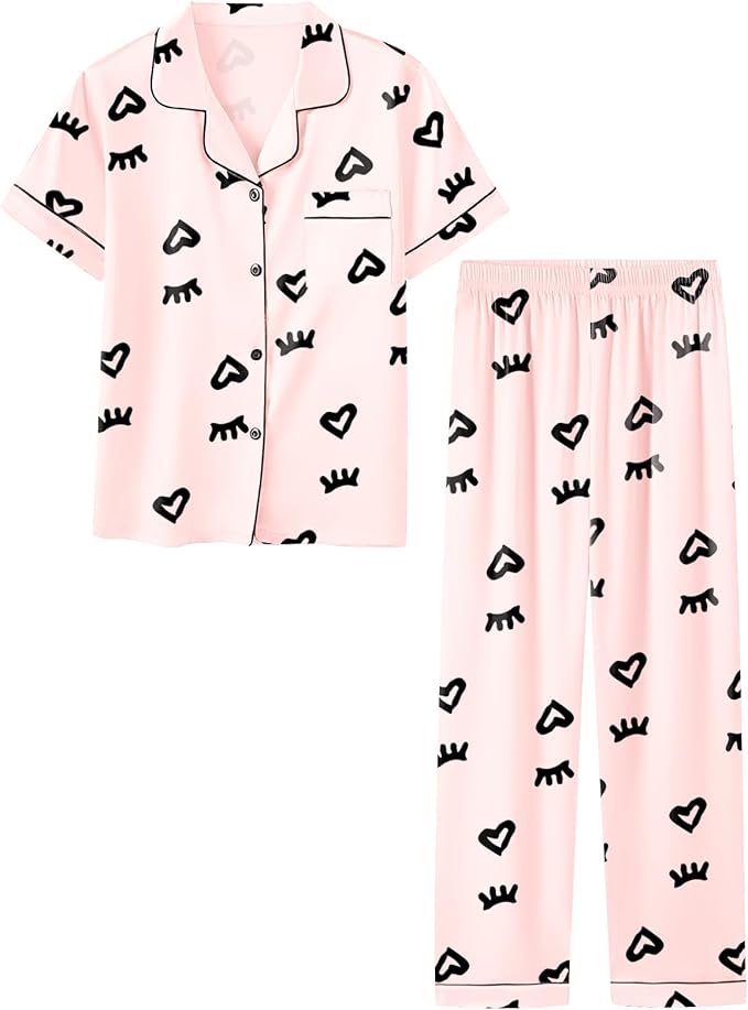 Umeyda Girls Womens Pajamas Set, Satin Silky Button Down Loungewear 2 Piece Short Sleeve Pants PJS Sets for Mommy Kids