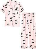 Umeyda Girls Womens Pajamas Set, Satin Silky Button Down Loungewear 2 Piece Short Sleeve Pants PJS Sets for Mommy Kids