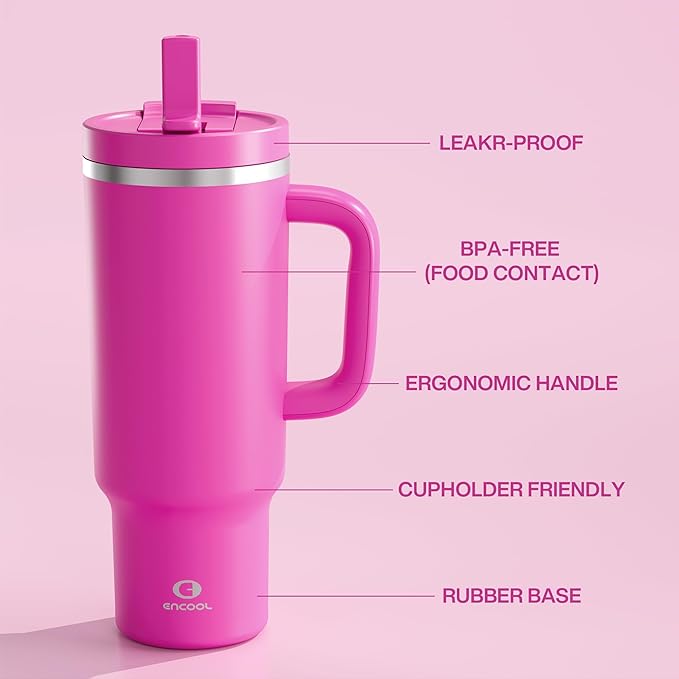 ENCOOL 40 oz Tumbler with Handle and Straw: Stainless Steel Insulated Tumbler Keeps Cold for 24 Hours, Leakproof Travel Cup Fits in Cup Holder and BPA-Free,Persian Rose