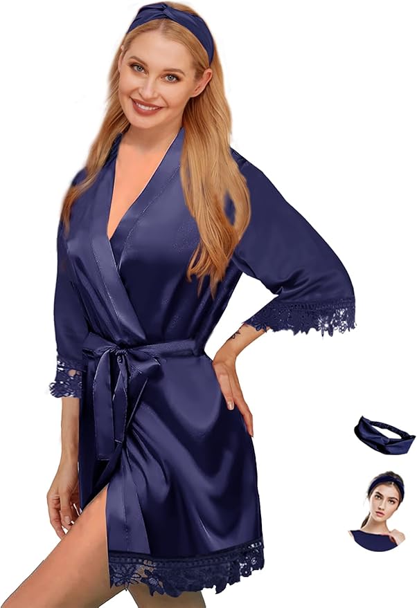 Silk Robes for Womens 2Pcs Satin Robe Kimonos Bridesmaid Bride Lace Bathrobes Sleepwear Bridal Silky Loungewear Wedding Robes