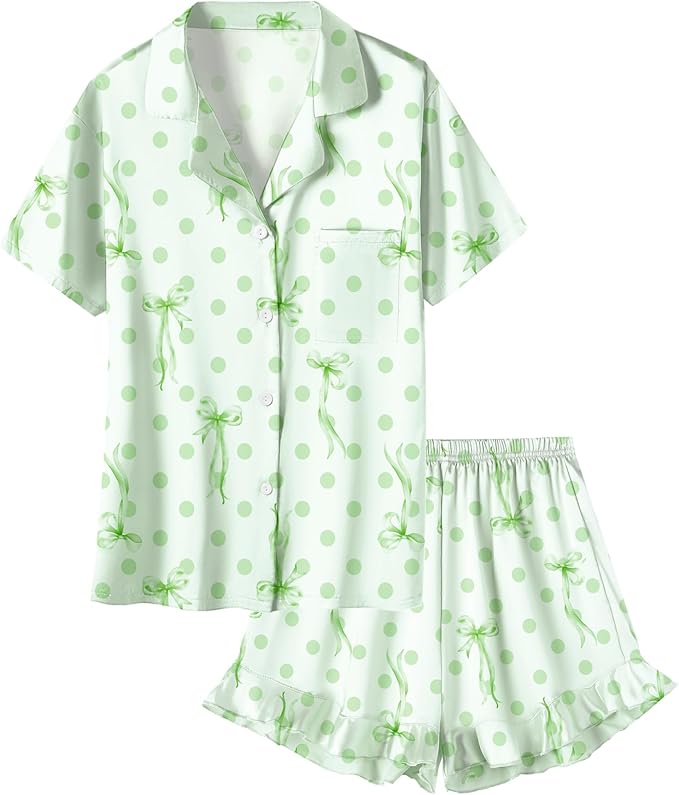 Umeyda Girls & Women Satin Pajamas Set Button Down 2 Piece Silk Pjs Shorts Set Ruffle Sleepwear, 5 Years-Women L