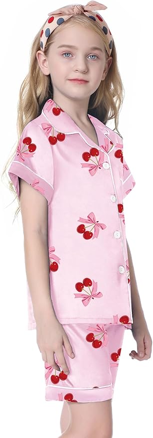 Umeyda Women & Girls Pajamas Set, Soft Satin Lightweight Silk Button-Down Top with Shorts 2 Piece PJS for Mom Boys Kids Gifts