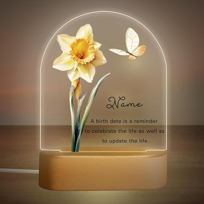 Personalized Birthday Gifts Acrylic Night Light Lamp Customized Birth Month Flower and Name Plaque Gifts for Women Mom from Daughter Son
