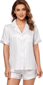 Serenedelicacy Women's Satin Pajama Set 2-Piece Sleepwear Loungewear Button Down Short Sleeve Silky PJ Set