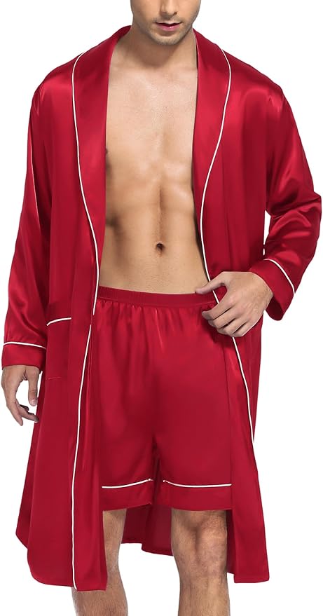 SWOMOG Men's Satin Robe Silky Kimono Bathrobe with Shorts Set Lightweight Soft Loungewear Nightwear
