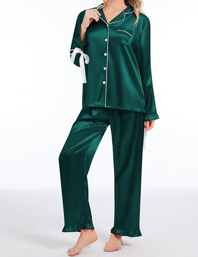 SWOMOG Womens Silk Satin Pajamas Set Long Sleeve Button Down Sleepwear 2 Piece Lounge Set Pj Set XS-3XL