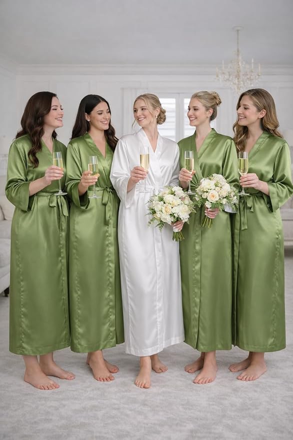 Silk Robes for Women Ankle Length Satin Kimono Robes with Belt Bridemaids Sleepwear Bachelorette Nightgown