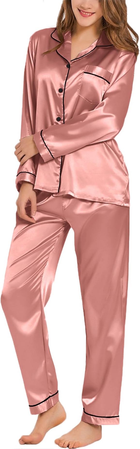 SWOMOG Womens Silk Satin Pajamas Set Long Sleeve Button Down Sleepwear 2 Piece Lounge Set Pj Set XS-3XL