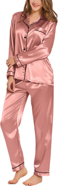 SWOMOG Womens Silk Satin Pajamas Set Long Sleeve Button Down Sleepwear 2 Piece Lounge Set Pj Set XS-3XL
