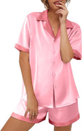 Ekouaer Womens Silk Satin Pajama Set Short Sleeve PJs 2 Piece Button Down Top and Shorts Notch Collar Sleepwear Sets Soft Pjs