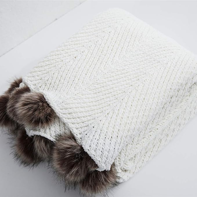 vctops Fur Pom Pom Knit Throw Blanket Super Soft Warm Cozy Cable Knitted Blanket for Sofa and Couch 51 x 63 Inch White