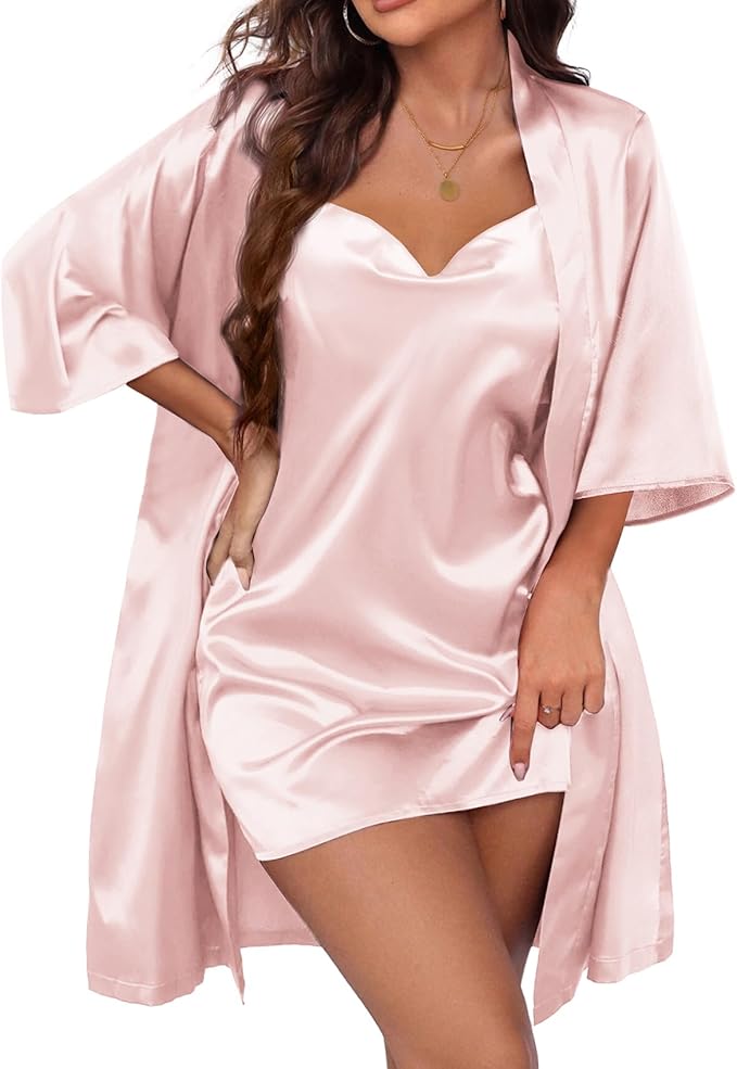 Ekouaer Women's Satin Robe Set Nightgown with Robes Silk Pajama Set 2 Pieces Lingerie Cowl Neck Cami Sleepwear Sets