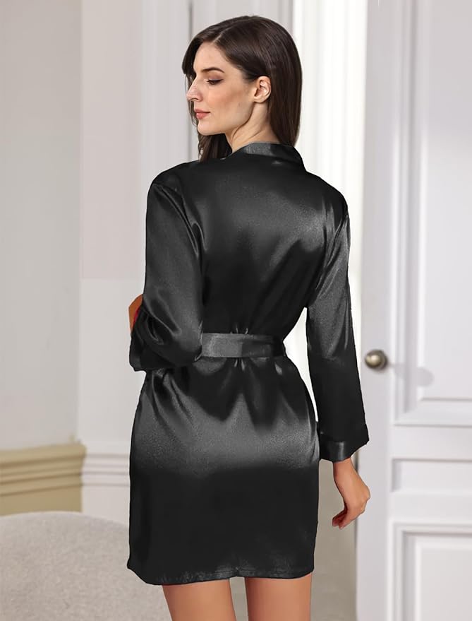 WJing Yi Jia Womens Satin Kimono Robe Silky Robes Floral Bathrobe Bride Bridesmaid Wedding Bridal Dressing Gown Loungewear
