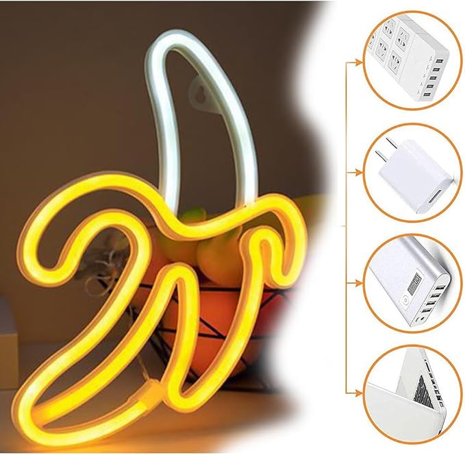 GUOCHENG Banana Neon Sign, Banana Shaped LED Night Light Battery&USB Power Hanging Neon Decor for Wall Bedroom Baby Room Christmas Party(Hanging)