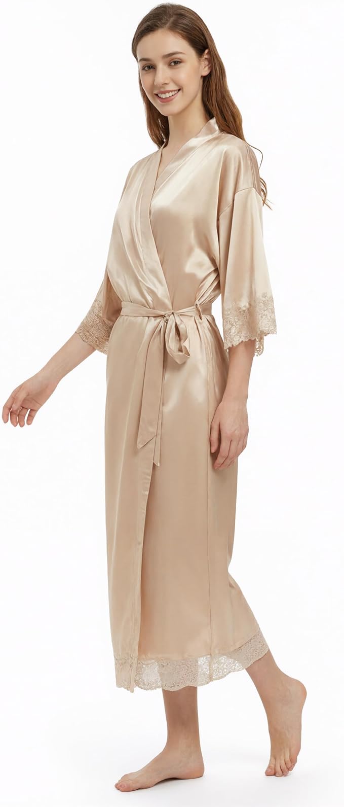 Long Satin Robes for Women Ankle Length Kimono Robes Silky Bridal Party Robes with Lace Trim Bridesmaid Loungewear Sleepwear
