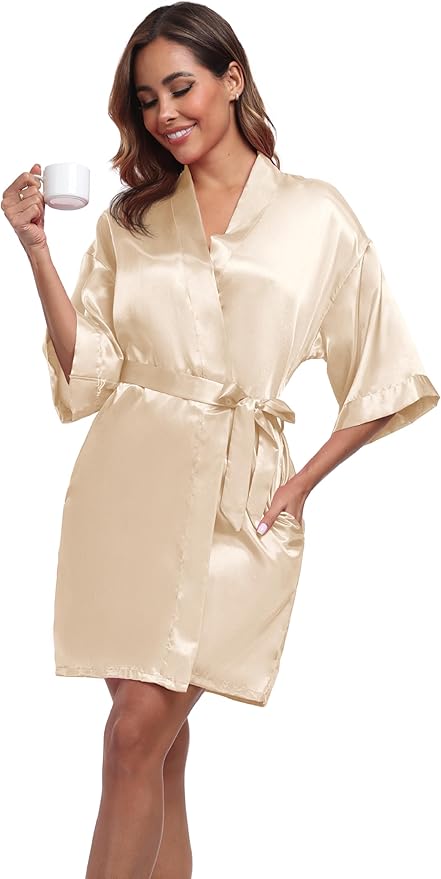 Women's Short Satin Robes Silky Bathrobe Bridesmaid Sleepwear for Wedding Party Getting Ready Solid Color