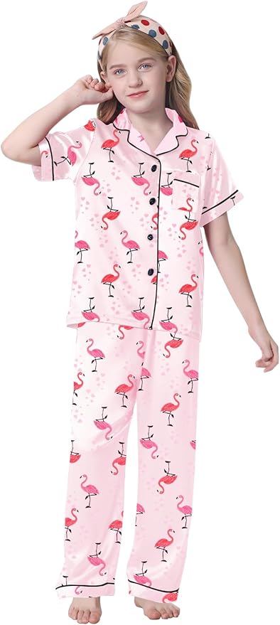 Umeyda Girls Womens Pajamas Set, Satin Silky Button Down Loungewear 2 Piece Short Sleeve Pants PJS Sets for Mommy Kids