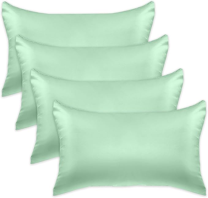 Elegant Comfort 4-Pack Cooling Viscose Satin Pillowcase Set with Hidden Zipper Closure, Silky Smooth for Best Hair and Skin Care-Beautiful Gift Box-4-Piece Satin Pillowcase Set, King, Mint Green