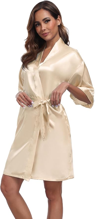 Women's Short Satin Robes Silky Bathrobe Bridesmaid Sleepwear for Wedding Party Getting Ready Solid Color