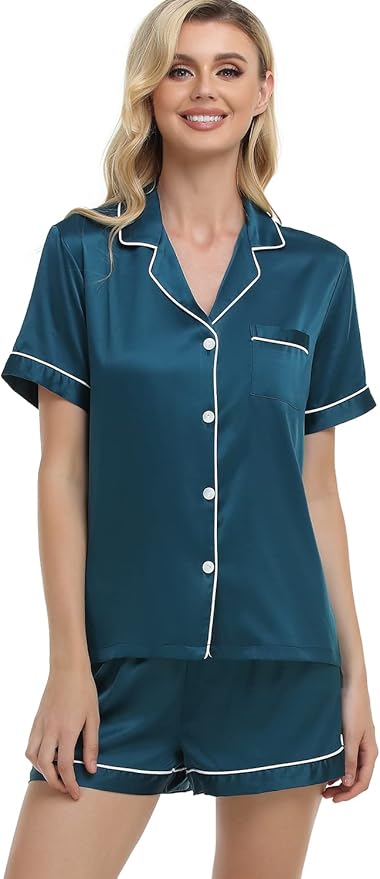 Serenedelicacy Women's Satin Pajama Set 2-Piece Sleepwear Loungewear Button Down Short Sleeve Silky PJ Set